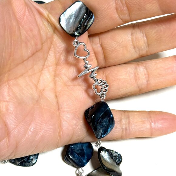 Blue Irregular Mother of Pearl Shell Necklace + Paw Print Heart Beat Pendant - Picture 13 of 13